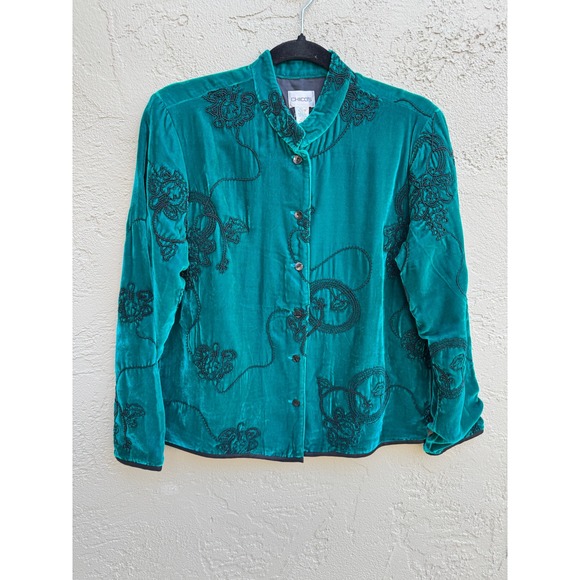 Chico's Velvet Embroidered Button Down Teal Jacket Blouse Top Elegant - Picture 2 of 8